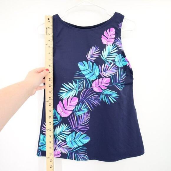 NWOT Lands End Navy Blue Tank Tankini Swim Top Palm Print Purple Size 12 - Picture 5 of 9